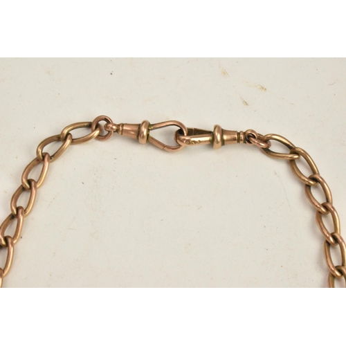 79 - A 9ct gold chain link pocket watch chain, having a 9ct gold t-bar and two 9ct gold dog clip clasps, ... 