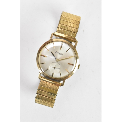 86 - An Accurist, manual wind, gents, 9ct gold wristwatch, having a silvered dial, subsidiary seconds dia... 