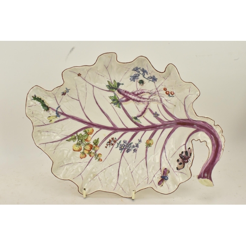 147 - Two 18th/19th century porcelain leaf-shaped dessert dishes, naturalistically modelled and painted wi... 