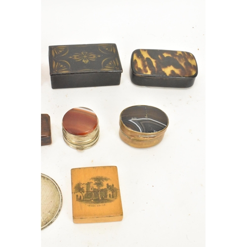 150 - A collection of mainly 19th century and later snuff boxes to include a tortoiseshell casket shaped b... 