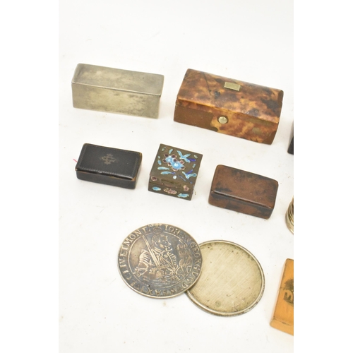 150 - A collection of mainly 19th century and later snuff boxes to include a tortoiseshell casket shaped b... 