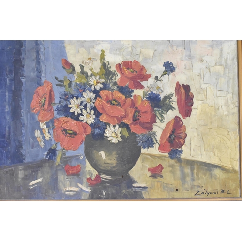 158 - A Hungarian still life oil on canvas depicting flowers in a vase, indictinctly signed to the lower r... 