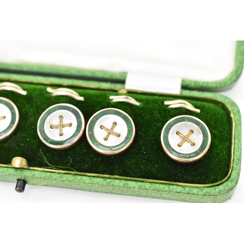 168 - A set of 9ct mounted dress studs with faux mother of pearl and green enamel detail and woven chain d... 