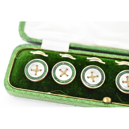 168 - A set of 9ct mounted dress studs with faux mother of pearl and green enamel detail and woven chain d... 