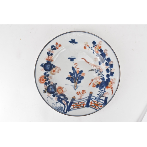 171 - Two 18th century Chinese export plates to include a mid 18th century Imari plate decorated with butt... 