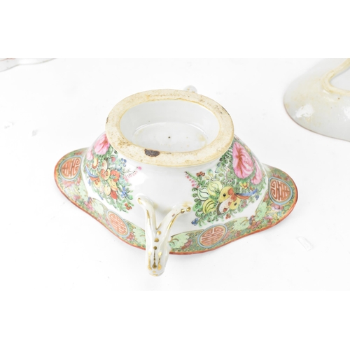 173 - A Chinese canton famille rose circa 1900 twin handled gravy boat with tray, togehter with a mid/late... 