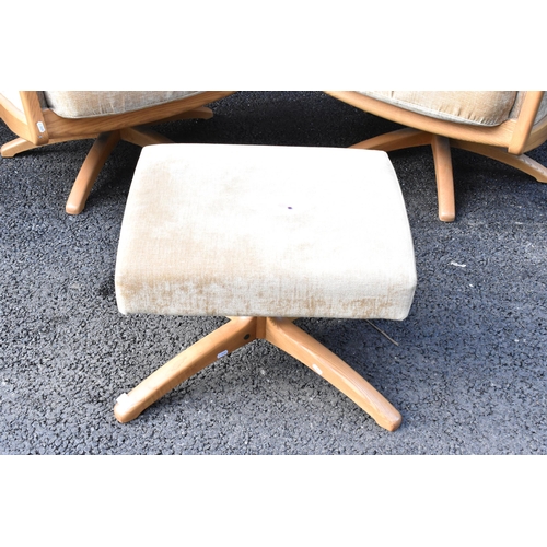 204 - A pair of vintage Ercol Gina light elm manual reclining armchairs upholstered in beige fabric with h... 