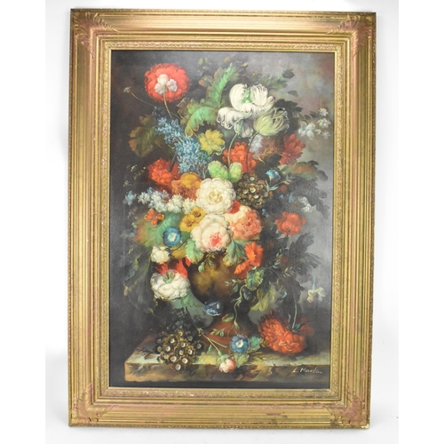 212 - L. Martin - A 20th century oil on canvas depicting a still life study of roses, grapes and peaches o... 