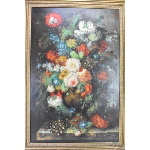 212 - L. Martin - A 20th century oil on canvas depicting a still life study of roses, grapes and peaches o... 