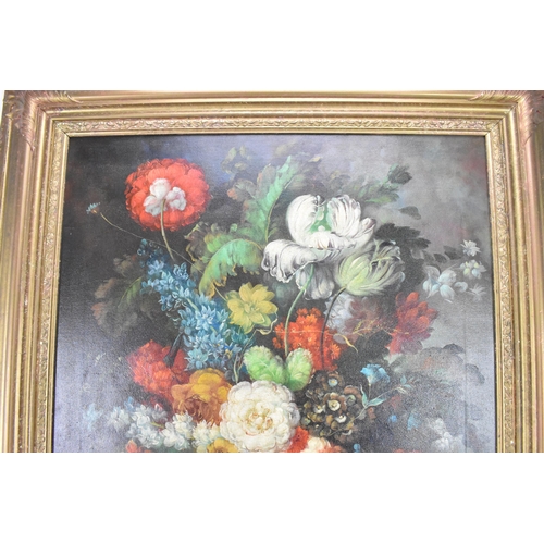 212 - L. Martin - A 20th century oil on canvas depicting a still life study of roses, grapes and peaches o... 