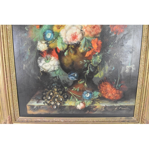 212 - L. Martin - A 20th century oil on canvas depicting a still life study of roses, grapes and peaches o... 