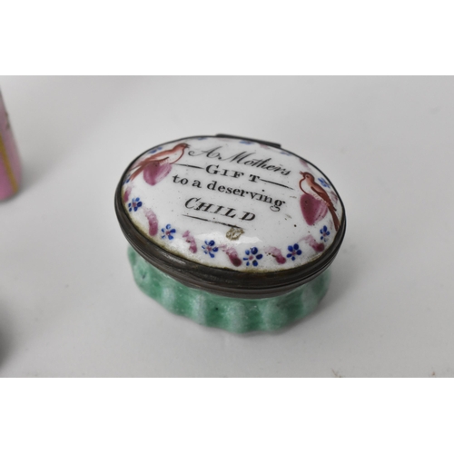 219 - Three 18th/19th century enamel patch boxes to include one with the motto 'A Mother's gift to a deser... 