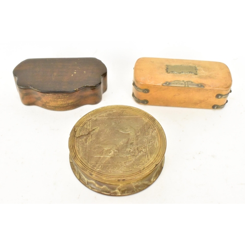 249 - Three snuff boxes to include an early 19th century French pressed horn circular snuff box, the lid d... 