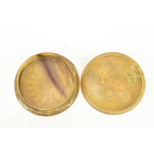 249 - Three snuff boxes to include an early 19th century French pressed horn circular snuff box, the lid d... 