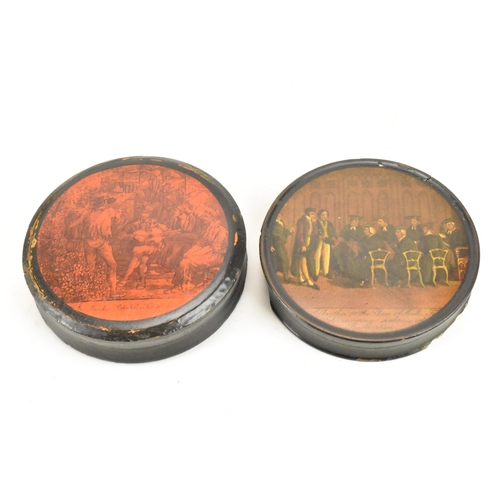 250 - Two early 19th century papier mache snuff boxes to include one with applied print to the lid with a ... 