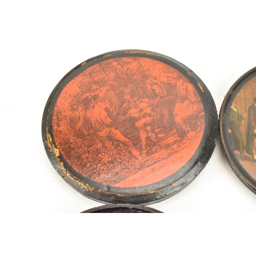 250 - Two early 19th century papier mache snuff boxes to include one with applied print to the lid with a ... 