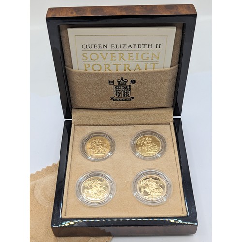 United Kingdom - Elizabeth II (1952-2022), Royal Mint, 'Queen Elizabeth II Sovereign Portrait Collection, comprising of Four Full Gold Sovereigns, 1957 Mary Gillick design, 1980, 1987 and 2004, together with presentation case and certificate,