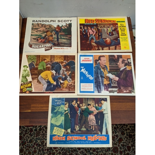 413 - Five vintage French film lobby cards, for Sugarfoot, staring Randolph Scott, Red Sundown, High Schoo... 