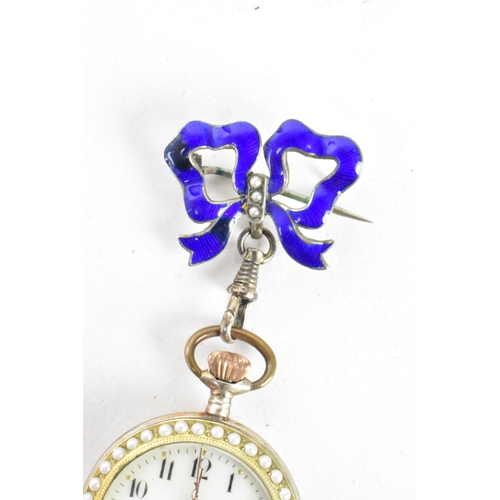 89 - An Edwardian open faced, 800 silver cased keyless would ladies fob watch, the bezel inset with seed ... 