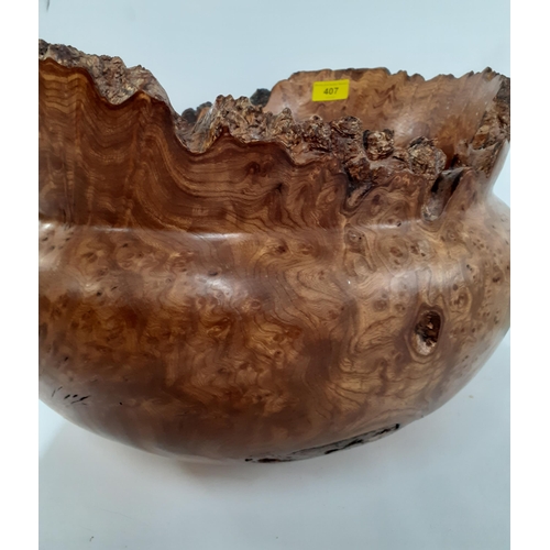 435 - A Terry Harvey hand turned burr wych elm planter, label and carved insignia to base, 27cm High x 29c... 