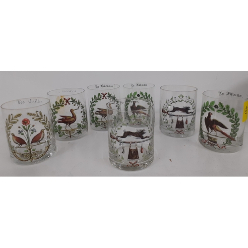 437 - Seven mid 20th Century French enamelled tumblers depicting images of game and French wording, one gl... 