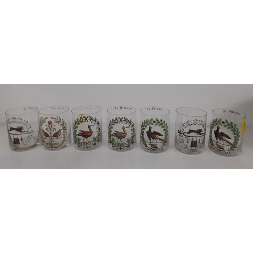 437 - Seven mid 20th Century French enamelled tumblers depicting images of game and French wording, one gl... 