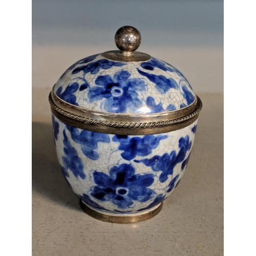 441 - A 20th century Chinese blue and white lidded pot with sterling silver mounts, Location:4.1