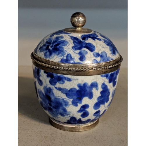 441 - A 20th century Chinese blue and white lidded pot with sterling silver mounts, Location:4.1