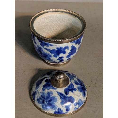 441 - A 20th century Chinese blue and white lidded pot with sterling silver mounts, Location:4.1