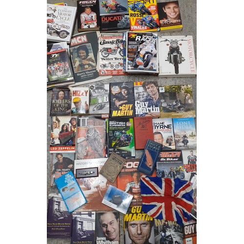 240 - A large quantity of Motorcycle autobiographies and magazines, Fishing and other books to include Guy... 