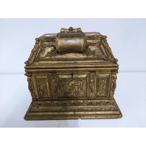 388 - A late Victorian gilt wood jewellery casket, decorated with panels in relief of figures in various s... 