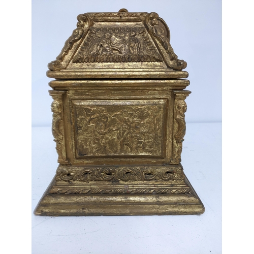 388 - A late Victorian gilt wood jewellery casket, decorated with panels in relief of figures in various s... 