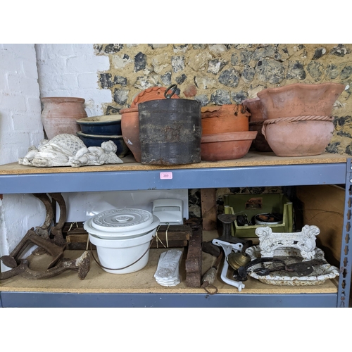 389 - A selection of garden and household items to include terracotta planters and others, white painted c... 