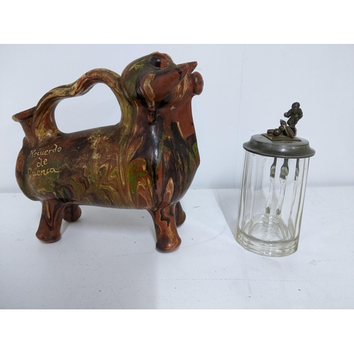 459 - A mixed lot to include a Spanish pottery jug in the form of a bull, a Bohemian glass tankard with pe... 