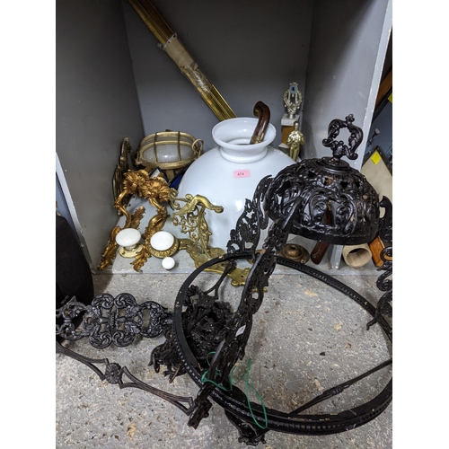 474 - A mixed lot of lighting and other items to include a black painted metal framed ceiling light, pair ... 