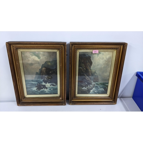 476 - F.A.R - a pair of coastal scenes with birds on rocky cliffs, oil initial 34cm x 24cm framed and glaz... 