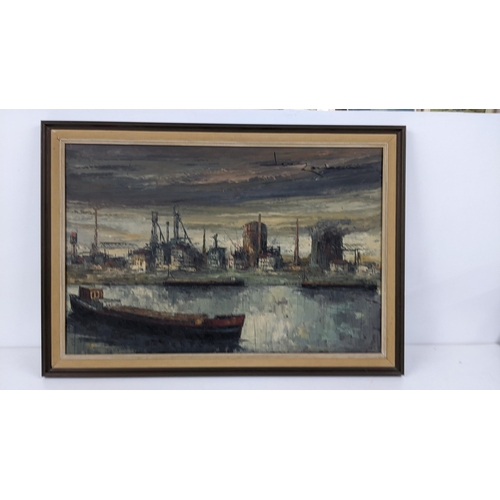 482 - Continental school - and industrial landscape with barges on a river, signed indistinctly, oil on ca... 