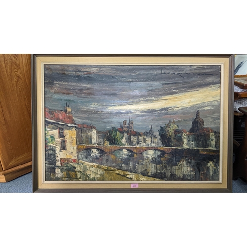 483 - 20th century Continental school - a city river scape, signed indistinctly, oil on canvas, 61cm x 92c... 