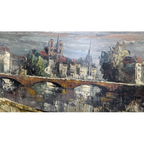 483 - 20th century Continental school - a city river scape, signed indistinctly, oil on canvas, 61cm x 92c... 