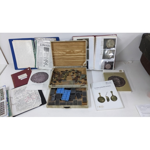 494 - A detectorists archive to include buttons, plastic containers annual report, clippings and printed e... 