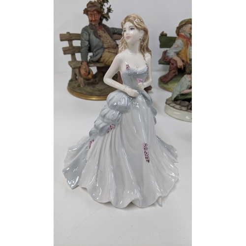 497 - A mixed group of figurines to include Coalport silver anniversary, Lladro ballet pink and four Capod... 