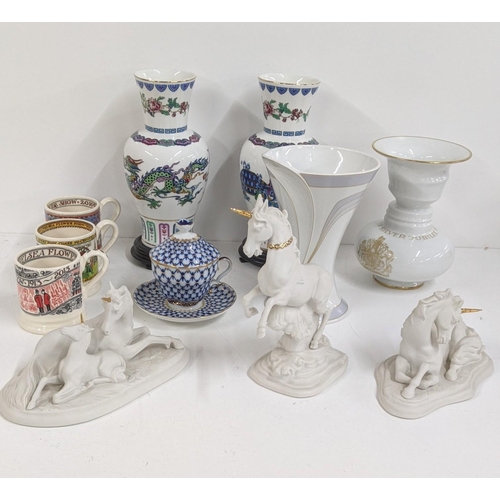 498 - Mixed ceramics and porcelain to include three David Correll unicorn models, two Kaiser vases, Imperi... 