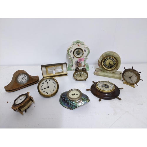 504 - A group of mantle, wall and bedside clocks, barometer and alarm clocks to include a Smith Empire 'Un... 