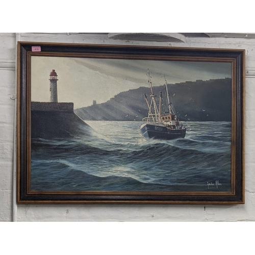 410 - Gordon Allen - oil on canvas depicting a fishing boat and lighthouse, 90cm x 58.5cm, framed
Location... 