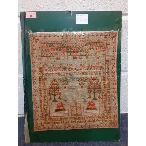 87 - An mid 19th Century sampler, unframed, worked by Christina Robb June 1846 having garden scenes, alph... 