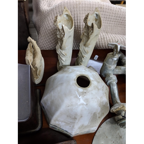 106 - A mixed lot to include a plated drinks dispenser stand, two mantel clocks, a barley twist table lamp... 