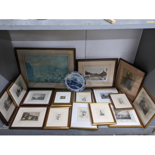 104 - A selection of framed and glazed prints to include botanical prints, topographical prints, portrait ... 