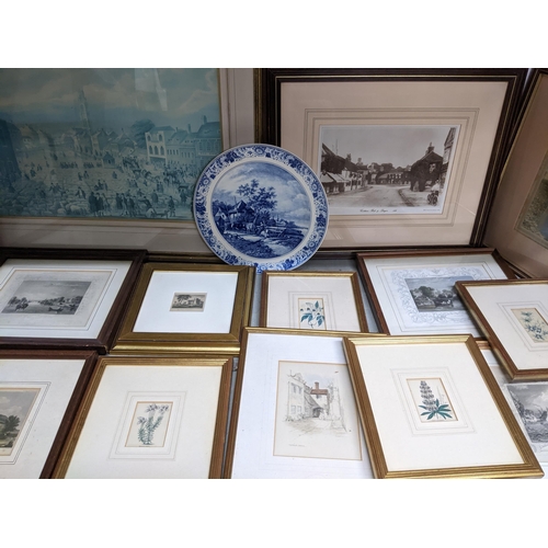 104 - A selection of framed and glazed prints to include botanical prints, topographical prints, portrait ... 