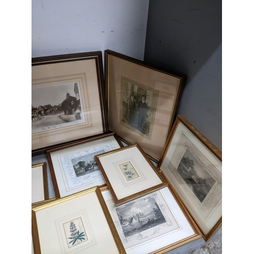 104 - A selection of framed and glazed prints to include botanical prints, topographical prints, portrait ... 