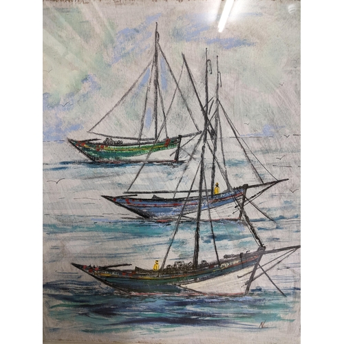 71 - Nigel Legge (fisherman /artist) Crabbers laying to anchor, oil painting on board, artists monogram t... 